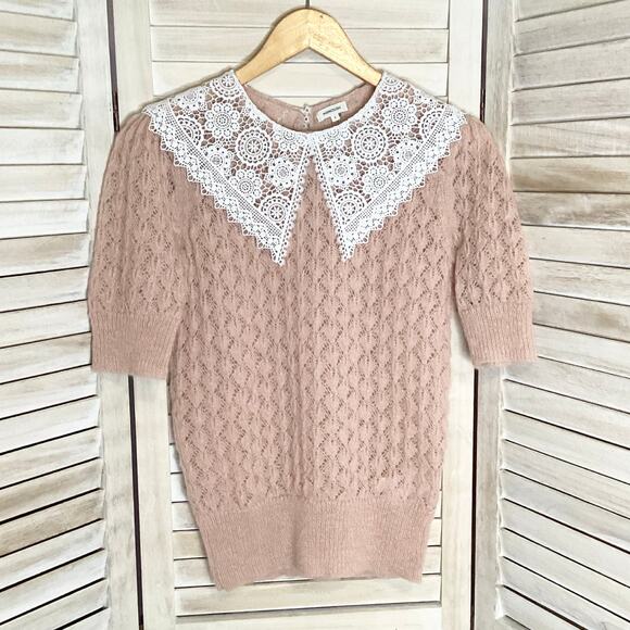 Manoush Ballet Pink Pointelle Open Knit Lace Collar Sweater Mohair S - Picture 1 of 9